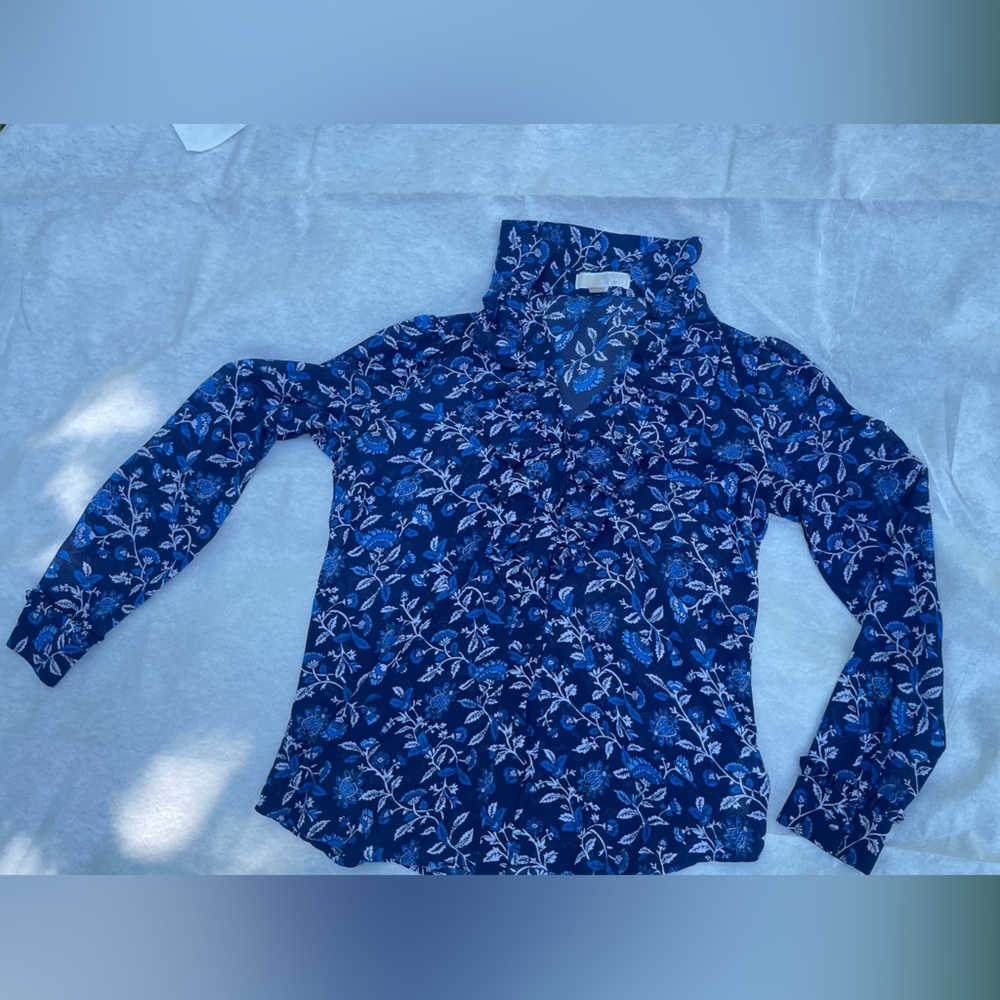 Michael Michael Kors Womens Long Sleeve Floral Top Blouse Blue